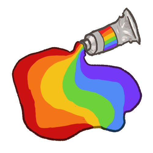 An image of a silver paint tube with paint pouring out of it with a rainbow label. The paint puddle in front of the tube is split into wavy sections of color that form a rainbow.